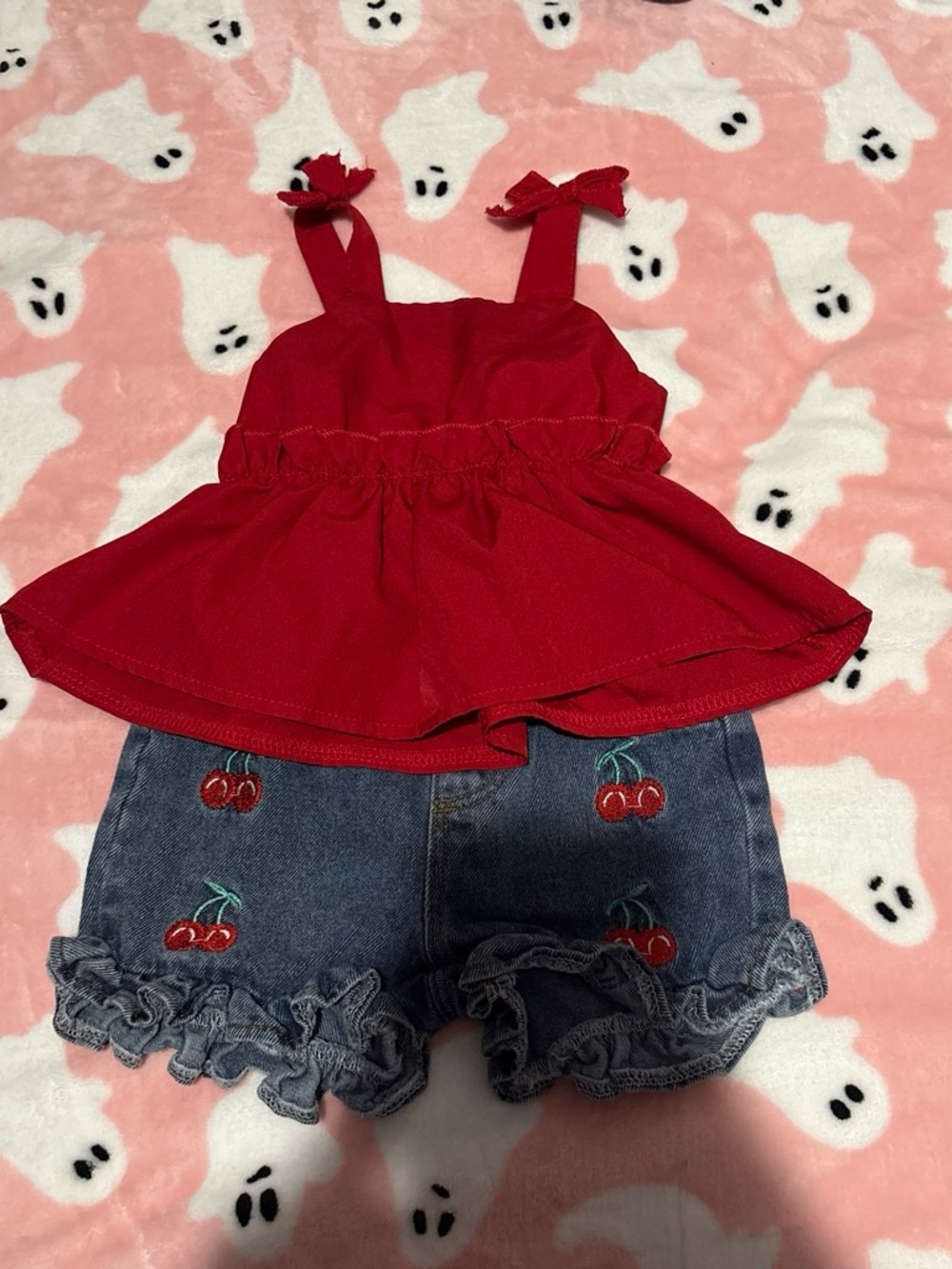 SHEIN Red Peplum Top with Cherry Embroidered Denim Shorts